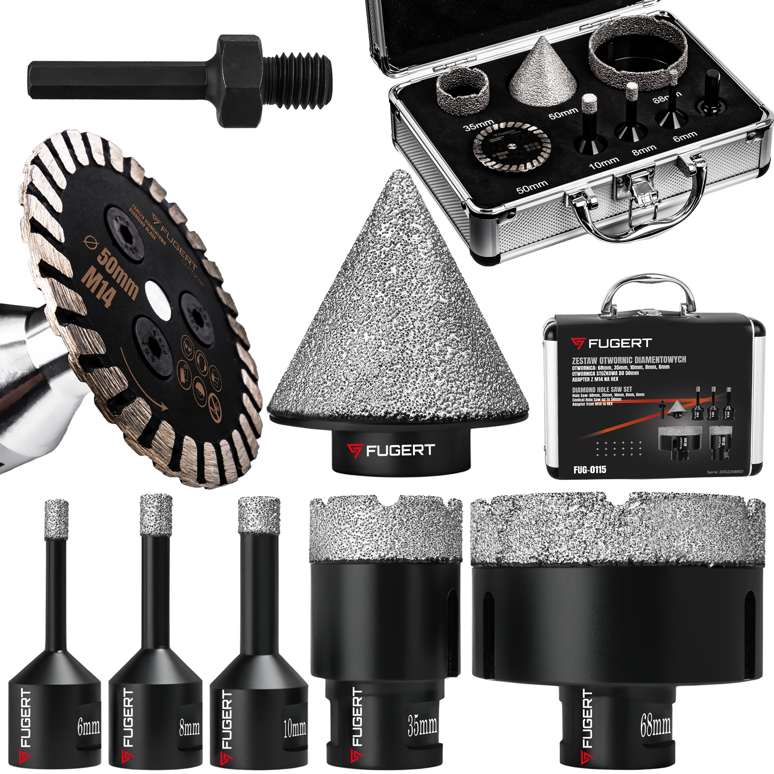 OTWORNICA DIAMENTOWA KORONKA DO GRESU PŁYTEK ZESTAW 6-68MM STOŻEK + TARCZA