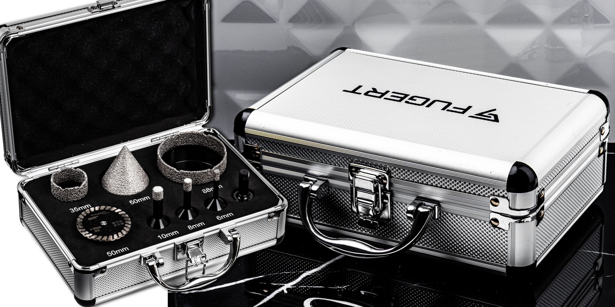 FUGERT OTWORNICA DIAMENTOWA KORONKA DO GRESU PŁYTEK ZESTAW 6-68MM STOŻEK + TARCZA