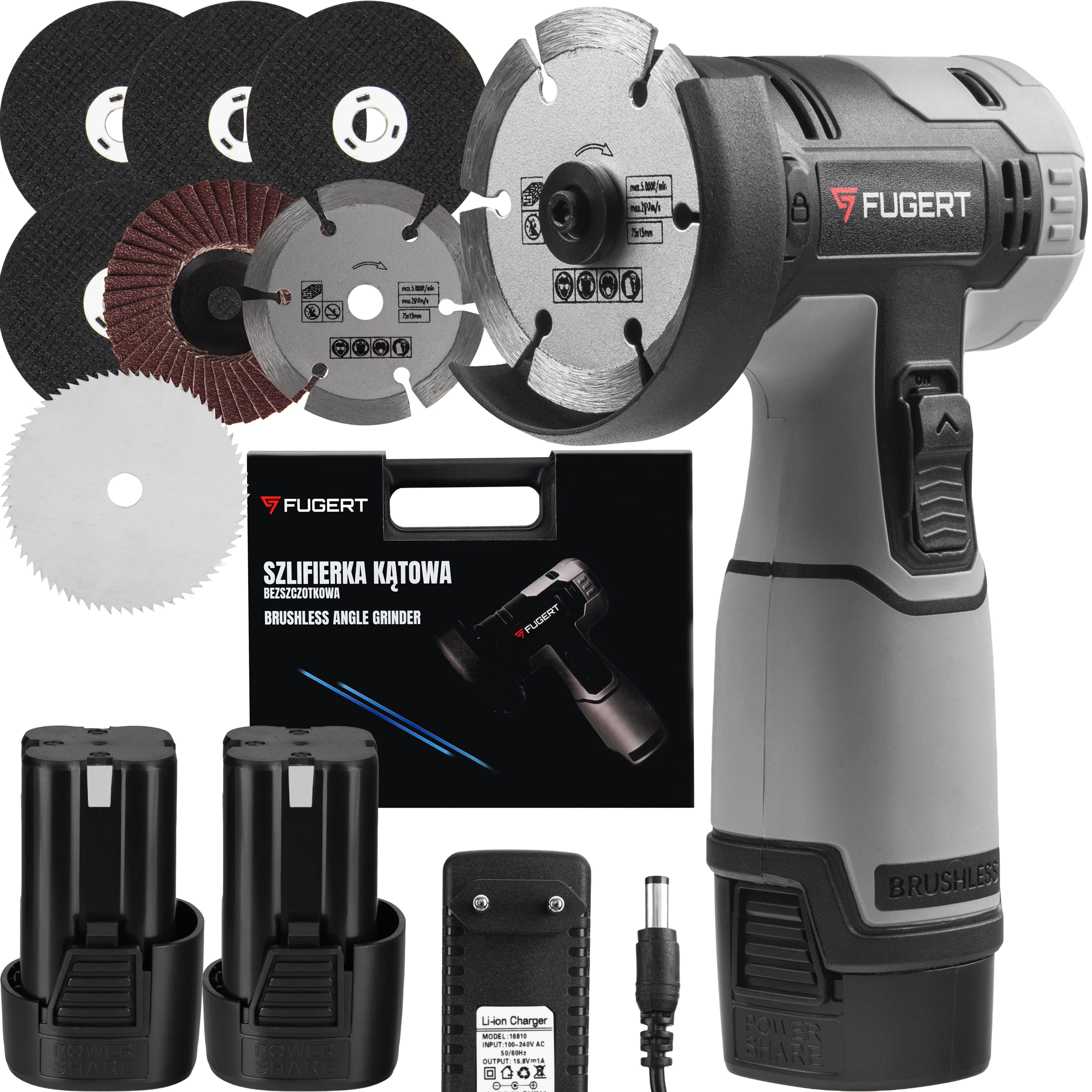 MINI SZLIFIERKA KĄTOWA AKUMULATOROWA BEZSZCZOTKOWA 76MM 2xAKU 16,8V + ZESTAW TARCZ - obrazek 4