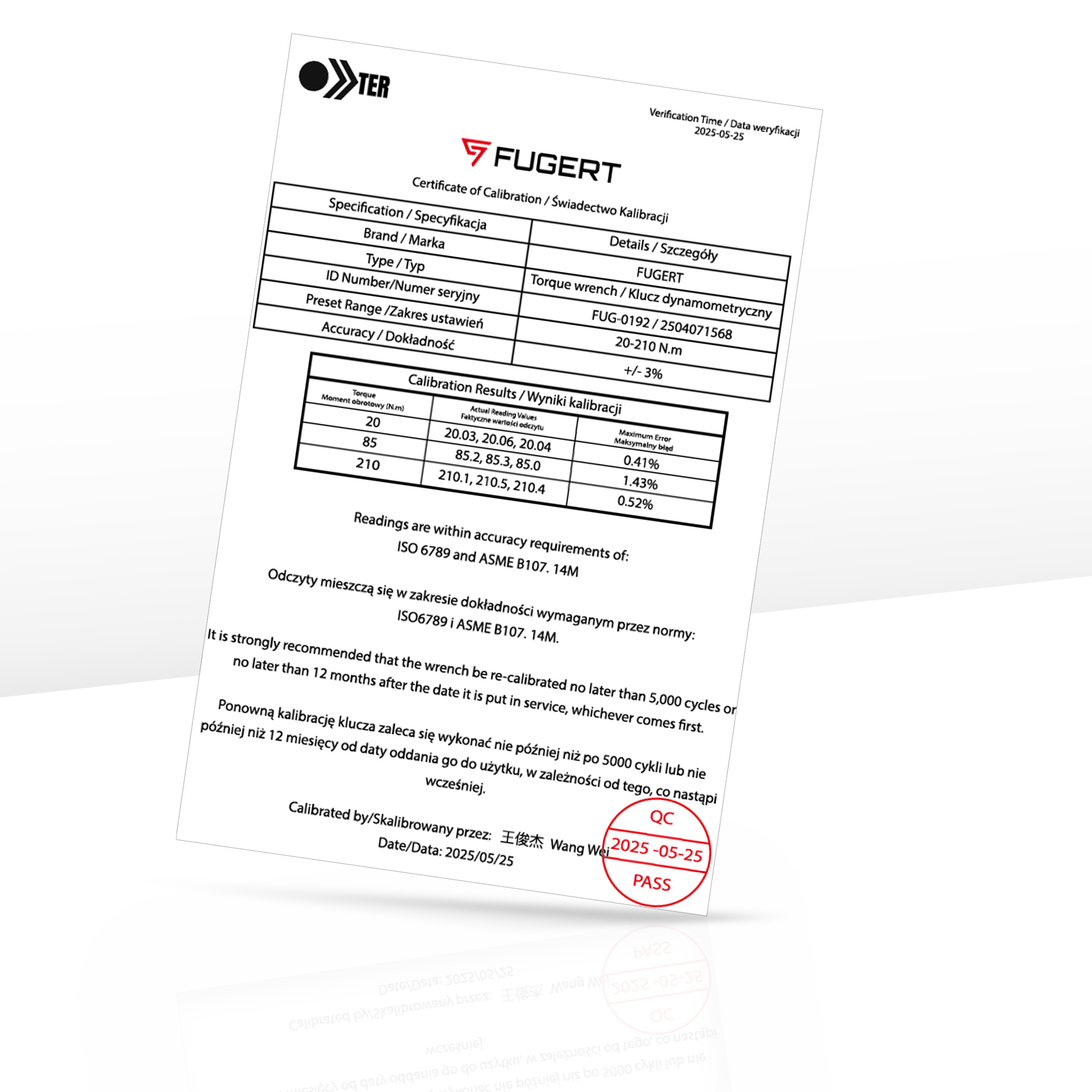 KLUCZ DYNAMOMETRYCZNY 1/2" 20-210NM CERTYFIKAT KALIBRACJI FUGERT FUG-0192