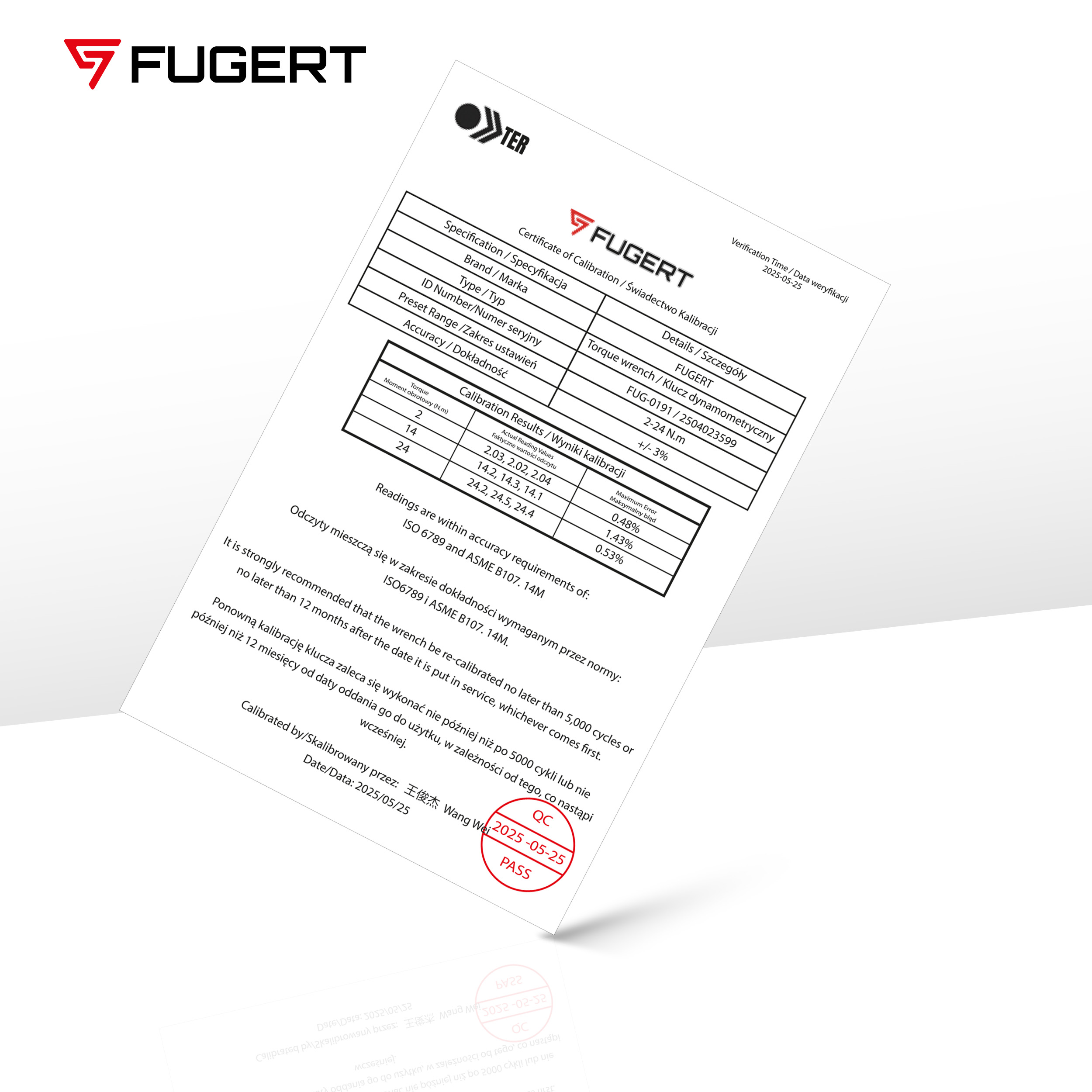 KLUCZ DYNAMOMETRYCZNY 1/4" 2-24NM CERTYFIKAT KALIBRACJI FUGERT FUG-0191